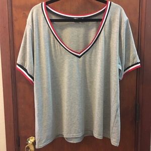 BooHoo Gray V-Neck with Black/White/Red Trim